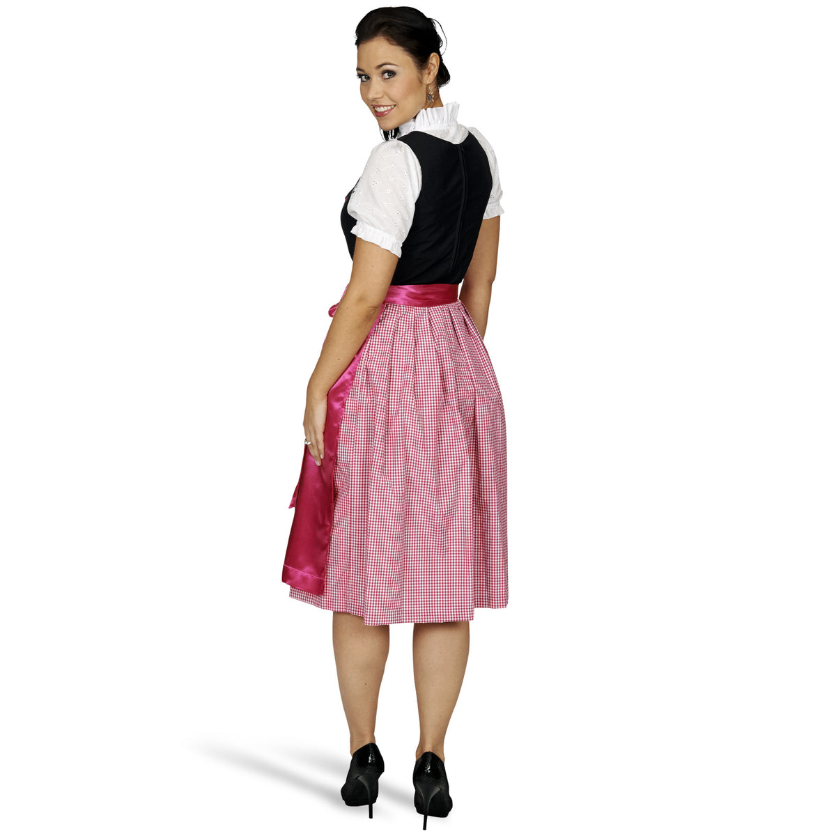 Zdjęcie produktu Dirndl czarno-różowe - Sukienka ludowa z haftem i wiązaniem