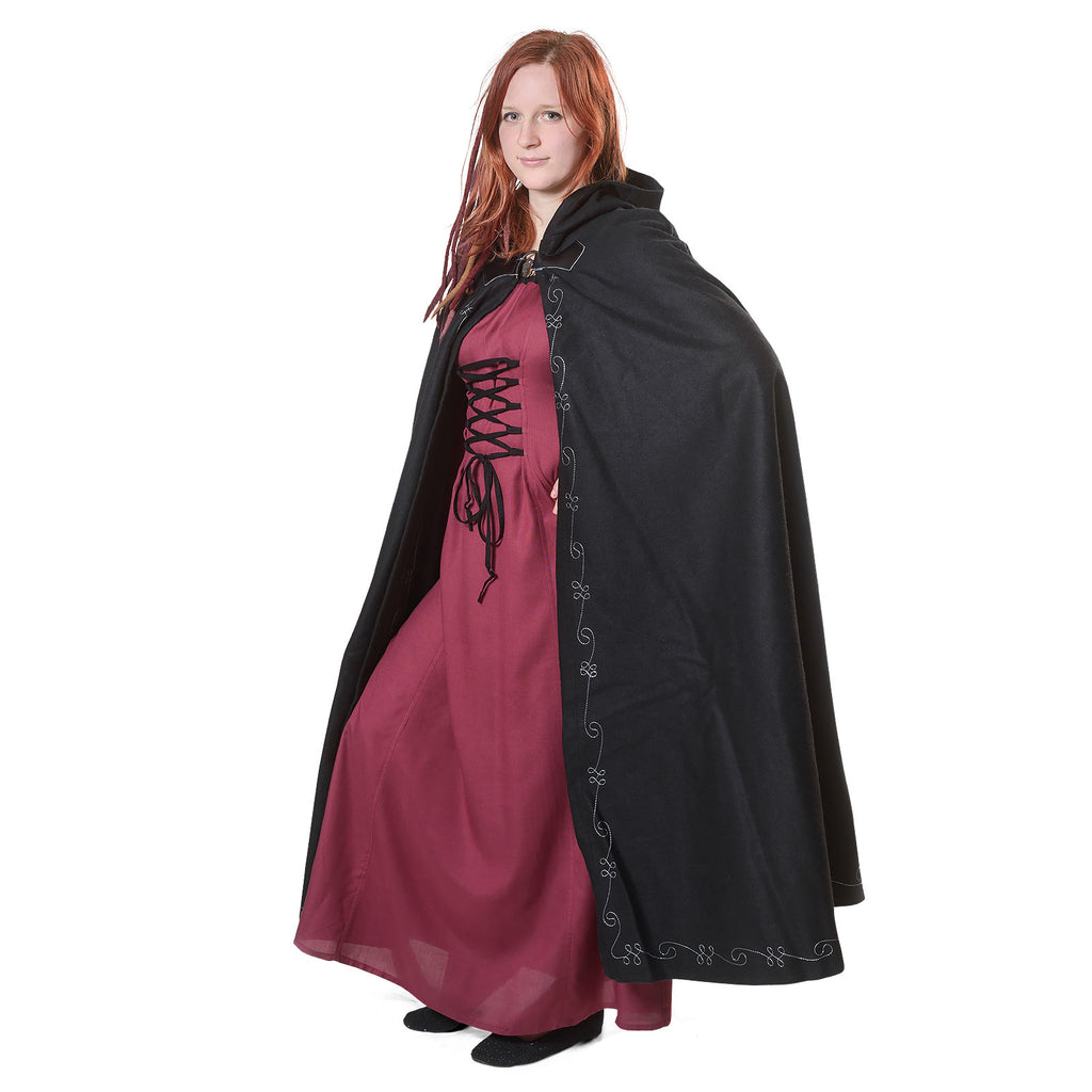 Product image Medieval Wool Cloak for Women with Hood Embroidery Metal Buckle Black