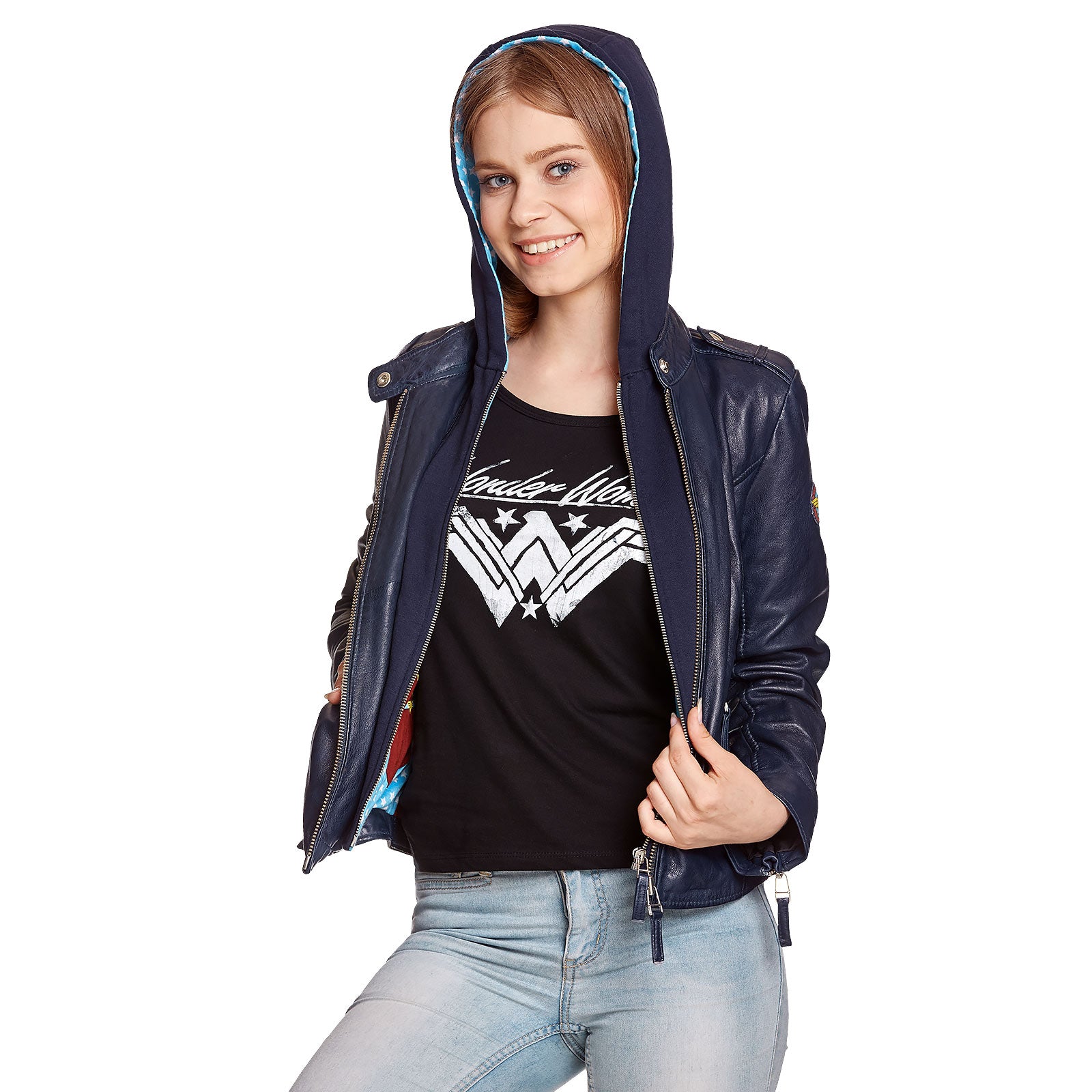 Zdjęcie produktu Wonder Woman - Skórzana kurtka z logo i kapturem, niebieska