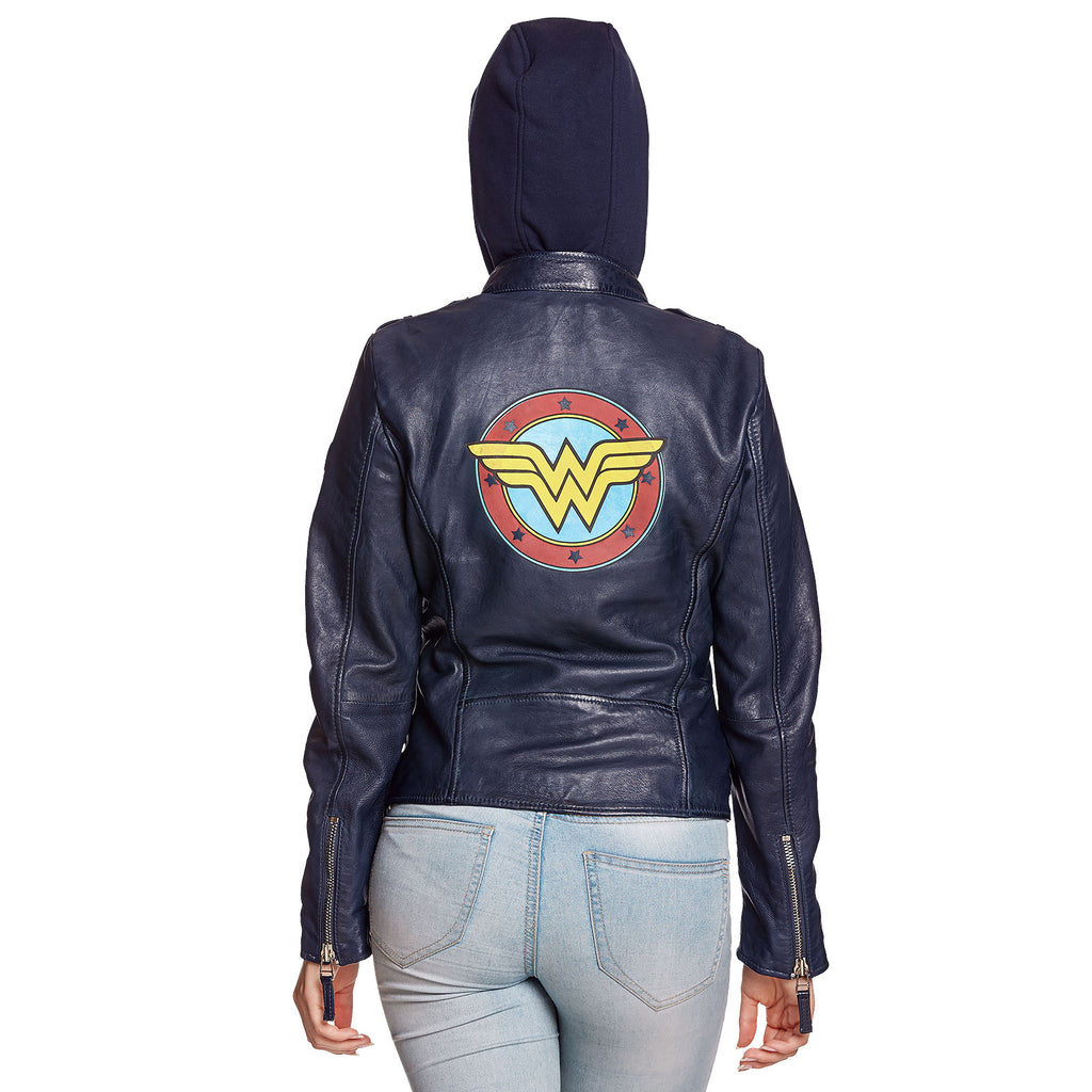 Zdjęcie produktu Wonder Woman - Skórzana kurtka z logo i kapturem, niebieska