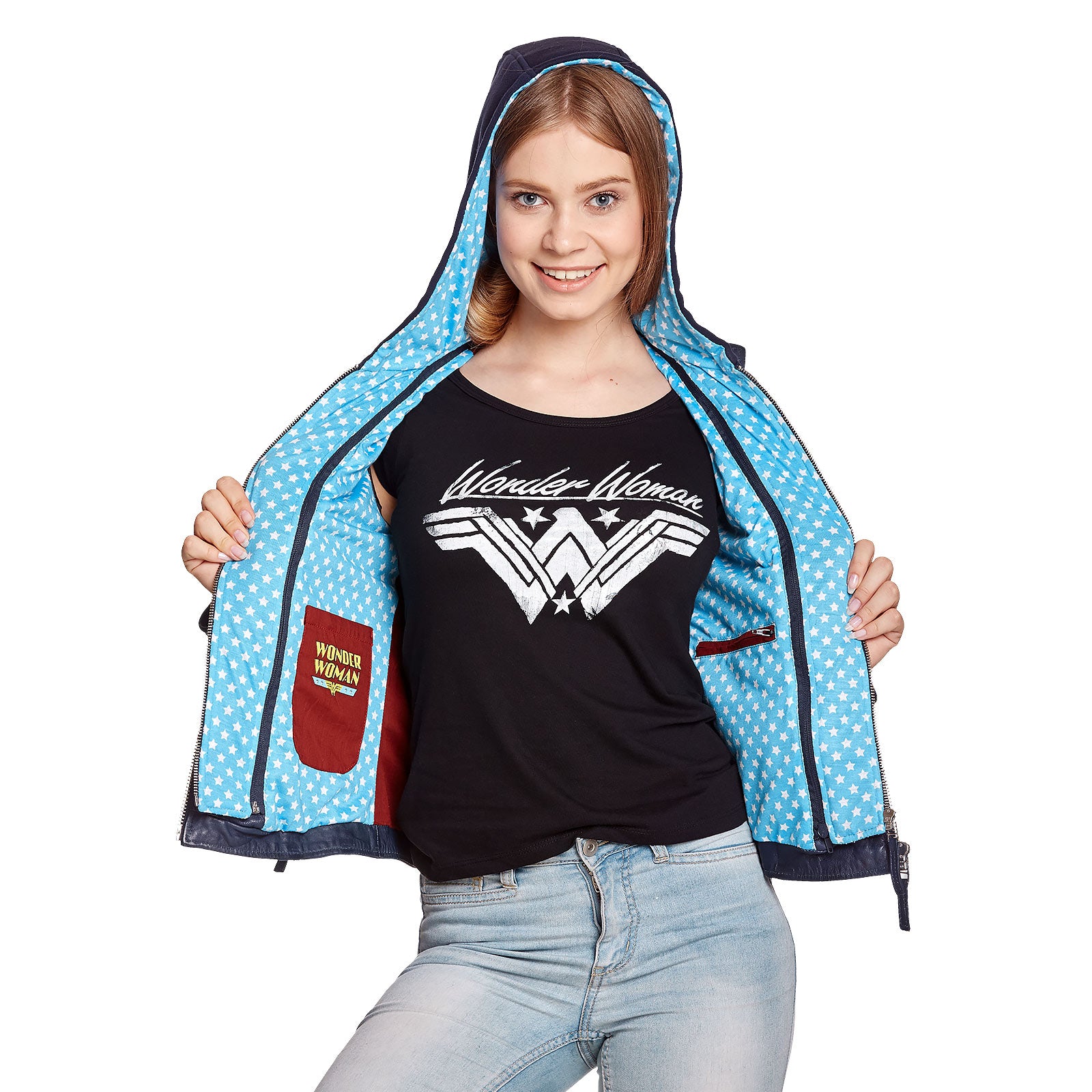 Zdjęcie produktu Wonder Woman - Skórzana kurtka z logo i kapturem, niebieska