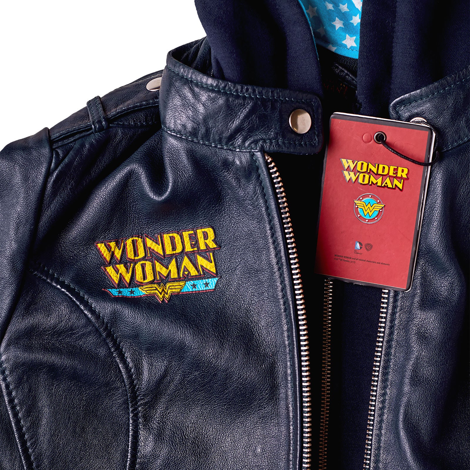 Zdjęcie produktu Wonder Woman - Skórzana kurtka z logo i kapturem, niebieska