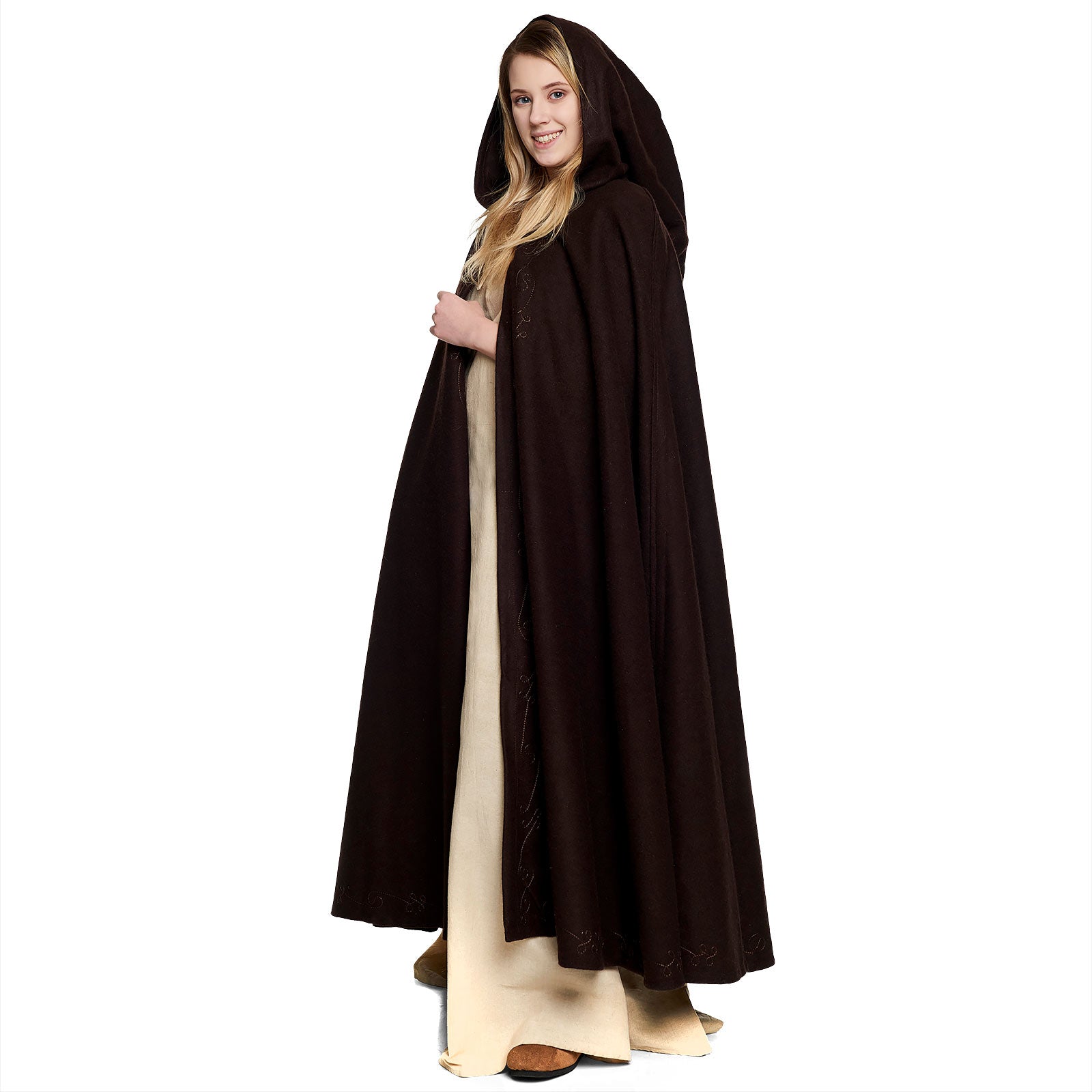 Product image Medieval Wool Cloak Women with Hood Embroidery Metal Buckle Brown