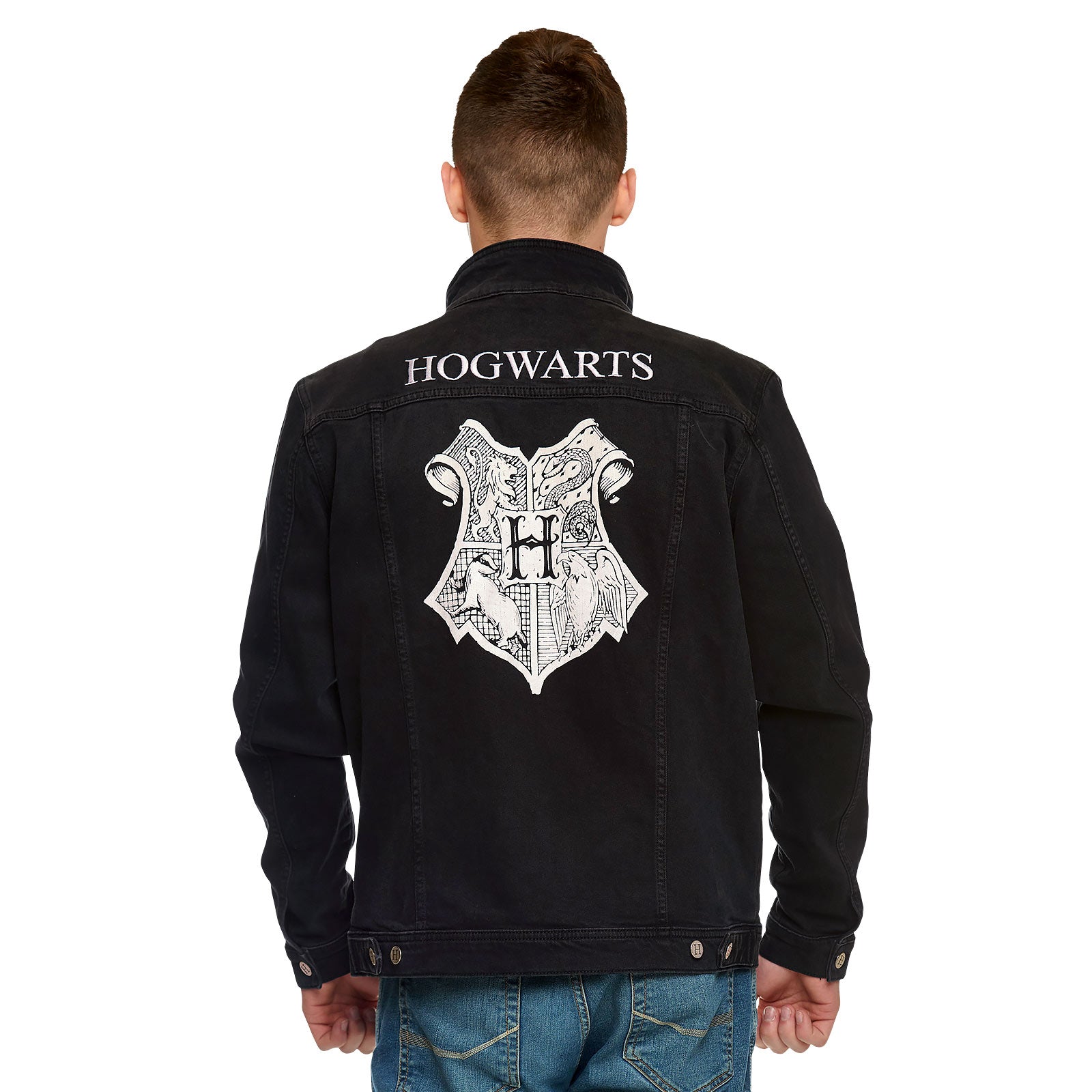 Zdjęcie produktu Harry Potter - Czarna jeansowa kurtka z herbem Hogwartu