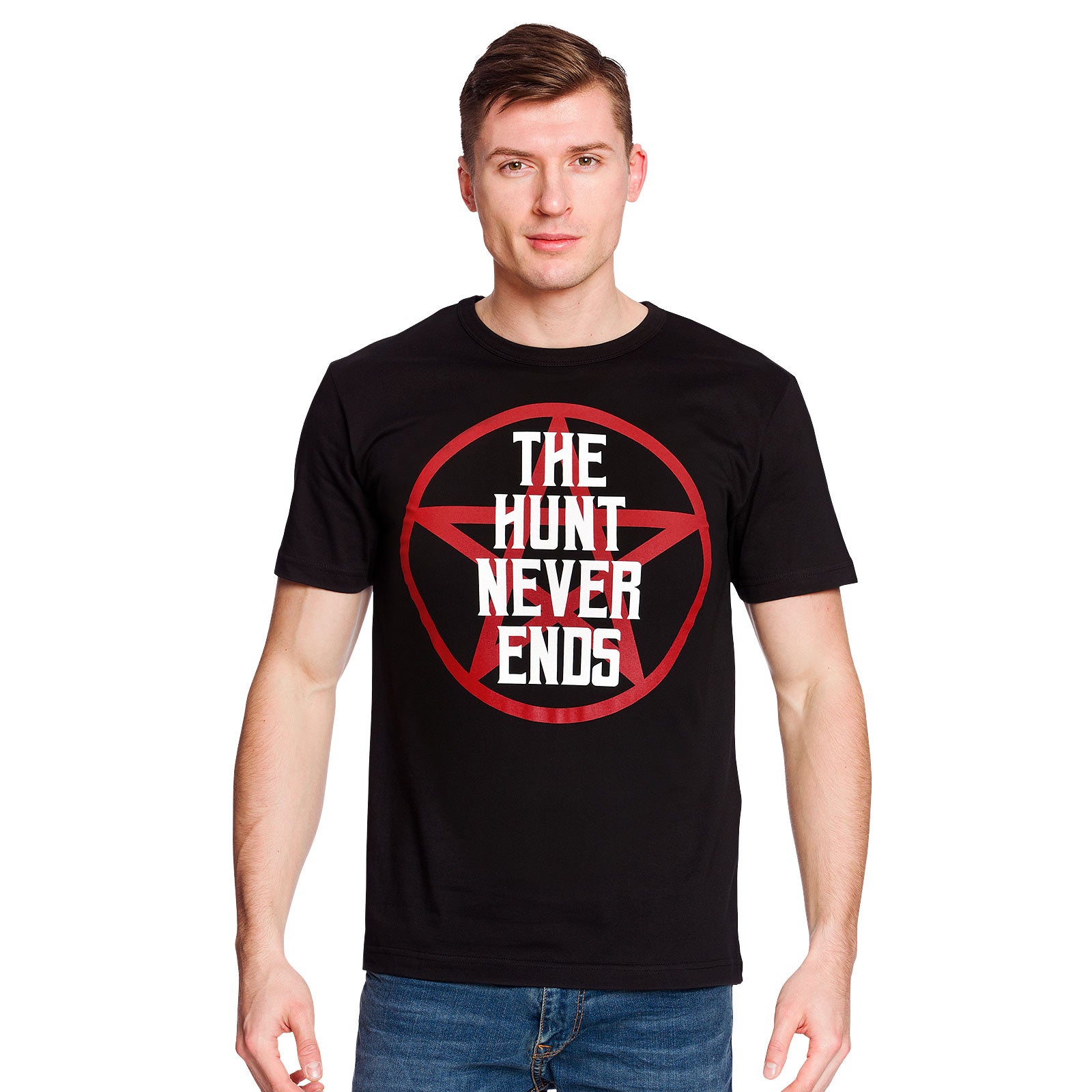 Zdjęcie produktu Koszulka The Hunt Never Ends dla fanów Supernatural czarna