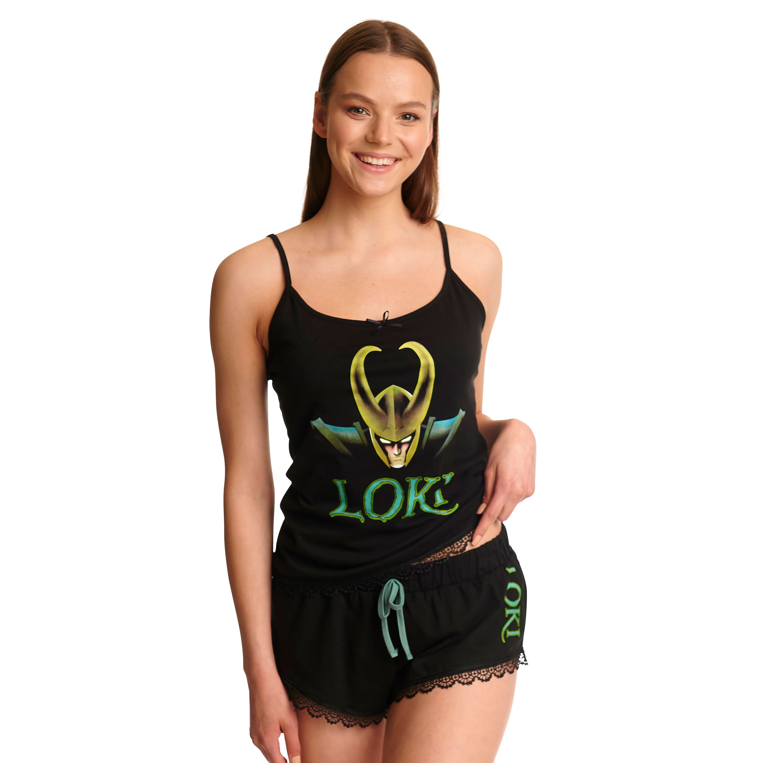 Zdjęcie produktu Loki - Logo Piżama damska krótka z koronką czarna