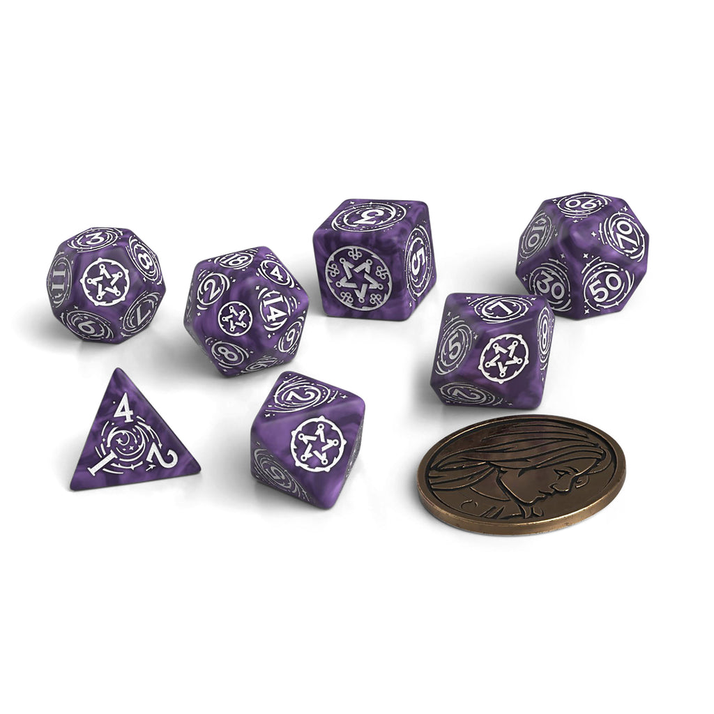 Product image Witcher - Yennefer Lilac & Gooseberries RPG Dice Set 7pcs with Collector's Coin