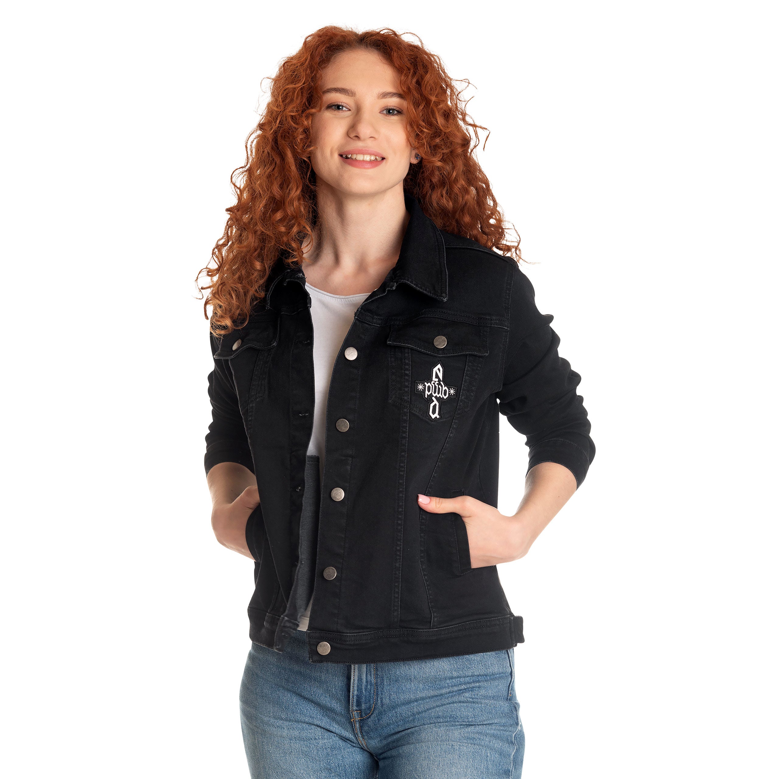 Zdjęcie produktu Czarna kurtka jeansowa z herbem Dumbledore'a - Fantastyczne Zwierzęta