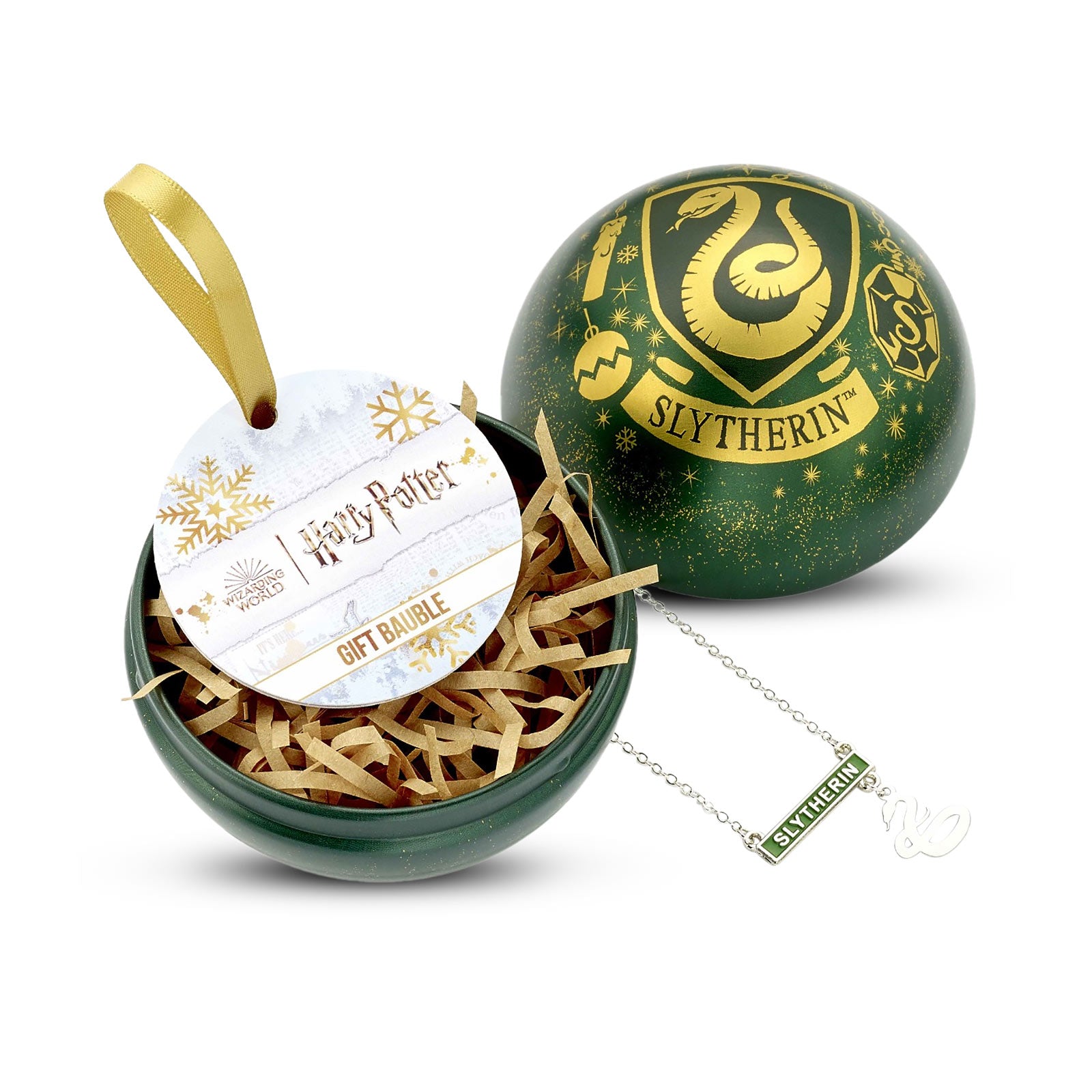 Zdjęcie produktu Harry Potter - Bombka świąteczna z herbem Slytherinu i naszyjnikiem