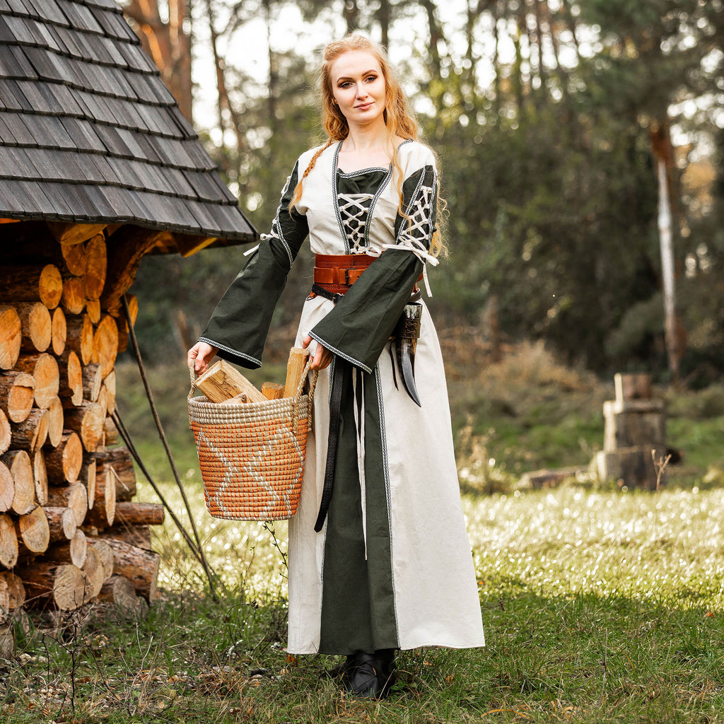 Zdjęcie produktu Średniowieczna sukienka z wiązaniem zielono-naturalna