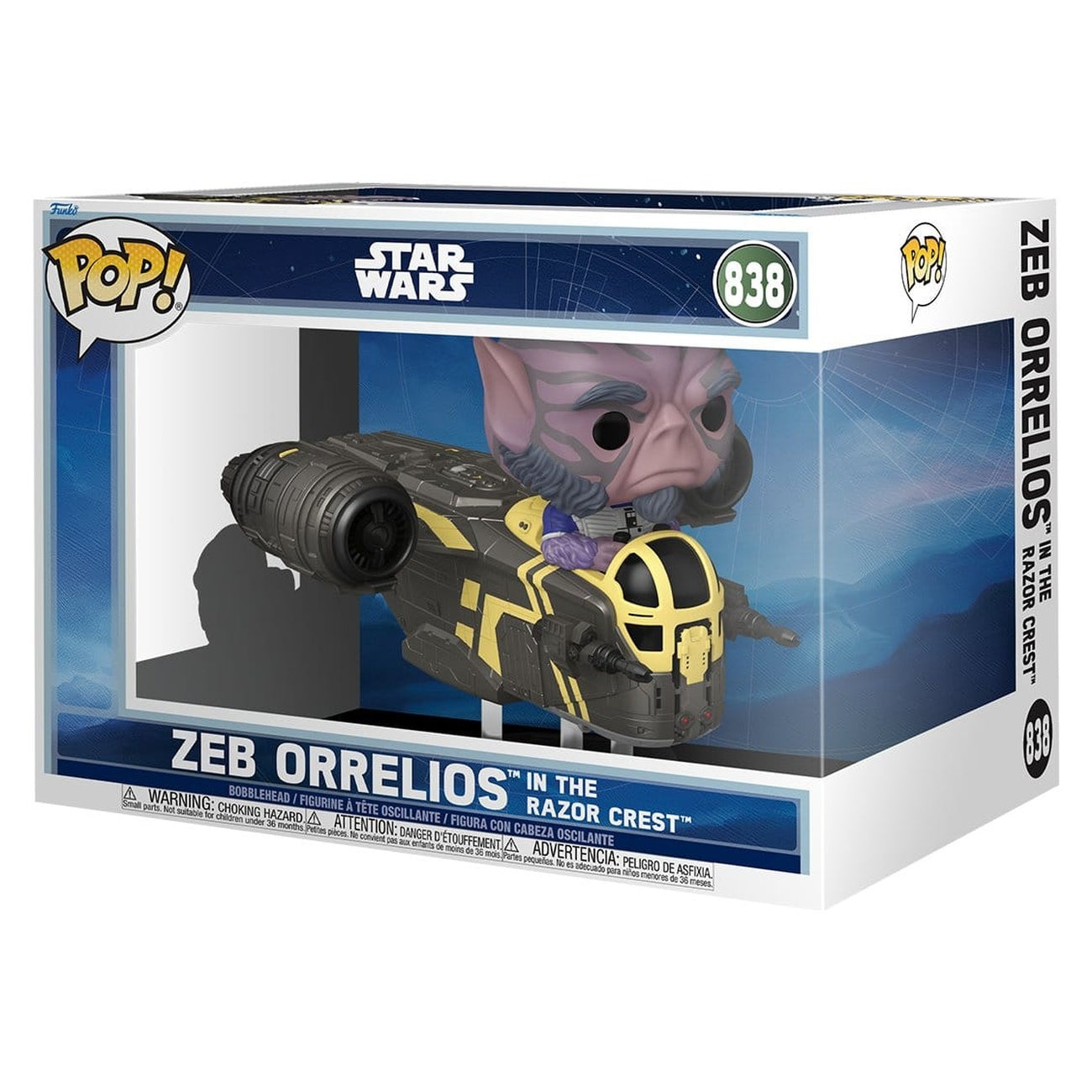 Zdjęcie produktu Star Wars: The Mandalorian and Grogu POP! Rides Deluxe winylowa figurka z kiwaną główką Zeb Orrelios w Razor Crest 9 cm