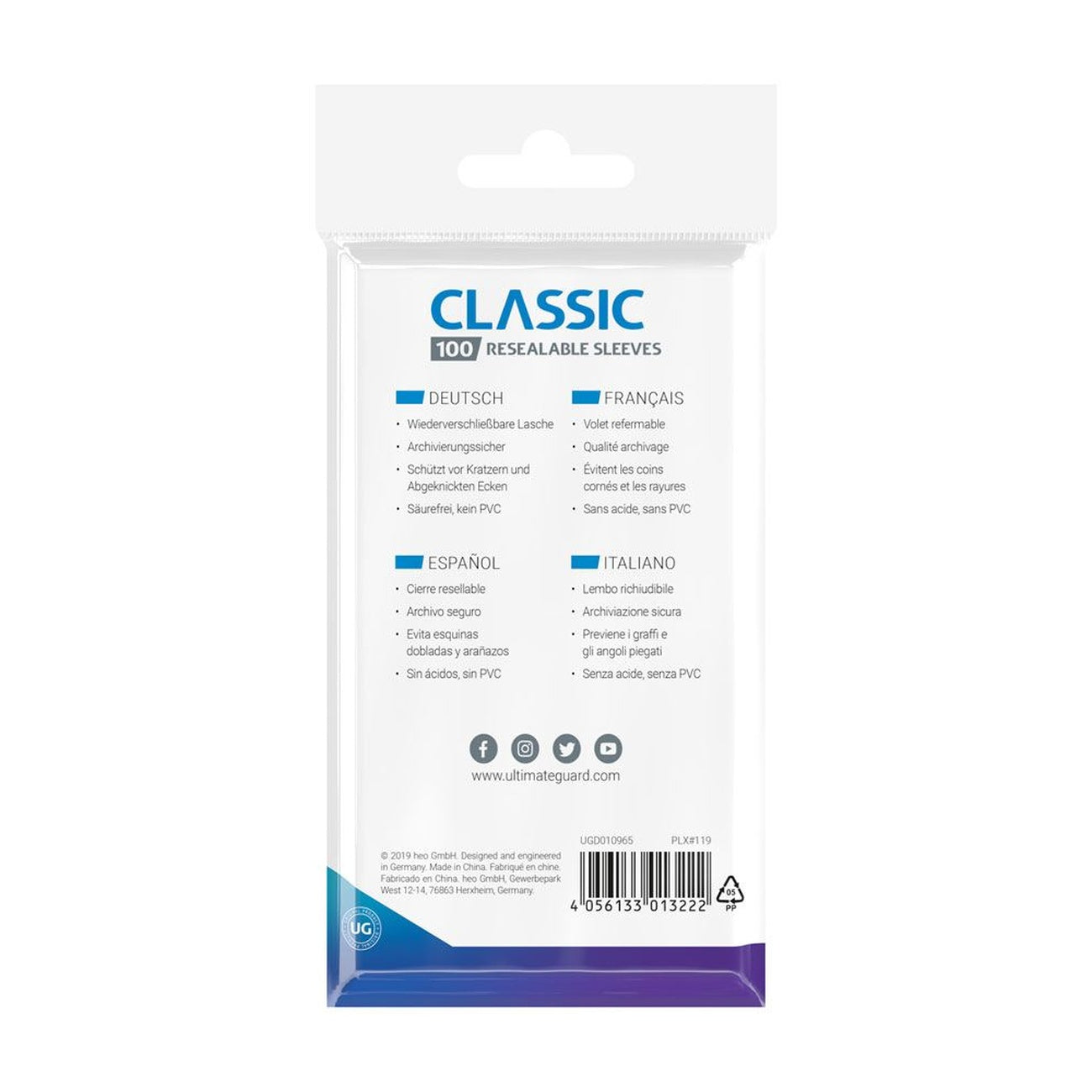 Product image Ultimate Guard Classic Sleeves Standard Size (100) - Resealable