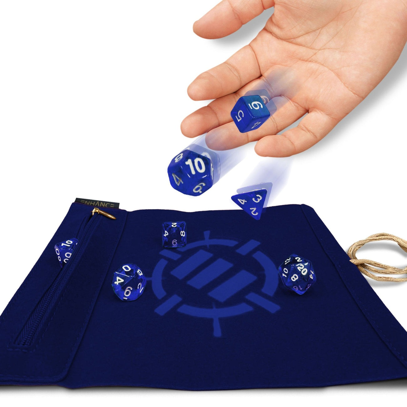 Product image Enhance Tabletop Roll on a Scroll Dice Bag with Blue Dice