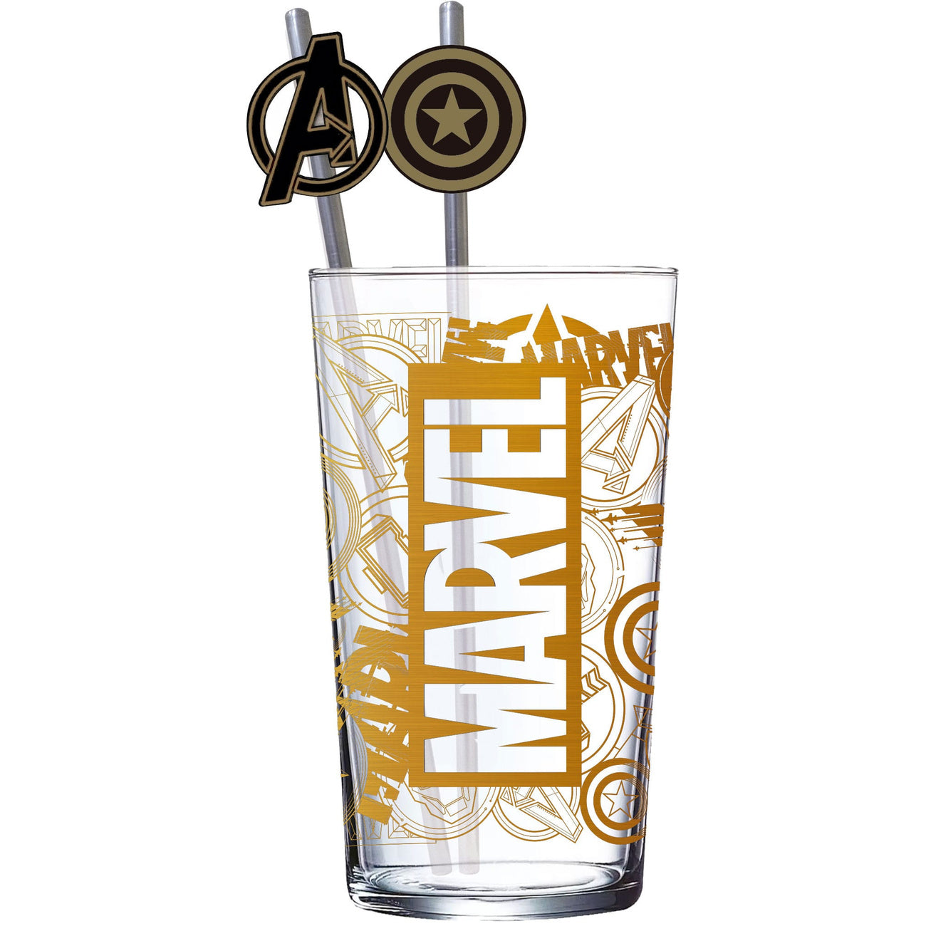 Zdjęcie produktu Szklany kubek Marvel z rurkami Logo & Avengers 485 ml