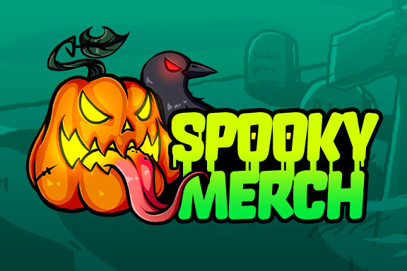 Leuchtender Halloween-Kürbis und schwarzer Rabe vor einem düsteren Friedhof. Spooky Merch.